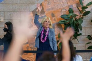 (Trent Nelson  |  The Salt Lake Tribune) First lady Jill Biden waves goodbye to teachers at Glendale Middle School in Salt Lake City on Wednesday, May 5, 2021.