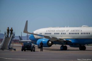 (Trent Nelson  |  The Salt Lake Tribune) The plane carrying first lady Jill Biden passes security while preparing to take off in Salt Lake City on Wednesday, May 5, 2021.