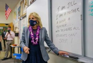 (Trent Nelson  |  The Salt Lake Tribune) First lady Jill Biden completes an assignment, writing a statement about herself, at Glendale Middle School in Salt Lake City on Wednesday, May 5, 2021.
