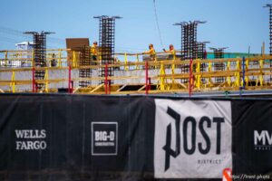 (Trent Nelson  |  The Salt Lake Tribune) Workers at the Post District development in Salt Lake City on Wednesday, May 12, 2021.