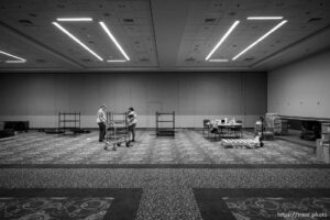(Trent Nelson  |  The Salt Lake Tribune) Maria Guzman and Kai Pakulski break down a supply room on the last day the Salt Lake County Health Department's COVID-19 vaccine operation was open at the Salt Palace Convention Center in Salt Lake City, Saturday, May 29, 2021.