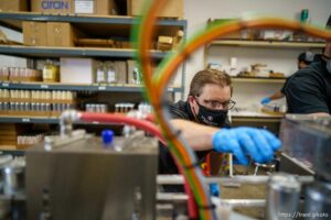 (Trent Nelson  |  The Salt Lake Tribune) Chad Linville working the line canning cocktails at Simplicity Canned Cocktails in Salt Lake City on Monday, May 17, 2021.