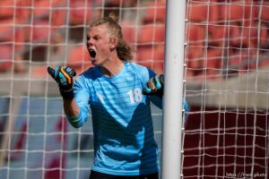 (Trent Nelson  |  The Salt Lake Tribune) Morgan goalkeeper Tanner Stanley yells to his teammates while facing Judge Memorial in the 3A boys soccer championship, at Rio Tinto Stadium in Sandy on Tuesday, May 18, 2021.