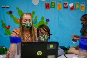 (Trent Nelson  |  The Salt Lake Tribune) Canyon View Elementary teacher Melissa Casper works with her third grade students in Cottonwood Heights on Tuesday, May 18, 2021.