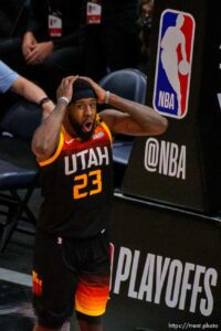 (Trent Nelson  |  The Salt Lake Tribune) Utah Jazz forward Royce O'Neale (23) reacts to his fourth foul, as the Utah Jazz host the Los Angeles Clippers in a Game 5 matchup, NBA basketball in Salt Lake City on Wednesday, June 16, 2021.