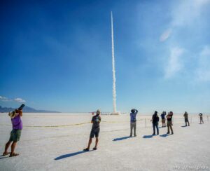 (Trent Nelson  |  The Salt Lake Tribune) A rocket takes flight. Utah Rocket Club hosted Large Dangerous Rocket Ships, one of the country's premier rocketry events, at the Bonneville Salt Flats on Saturday, July 31, 2021.