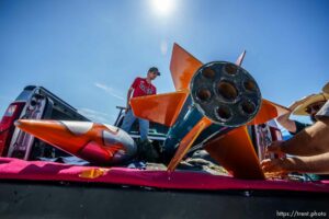 (Trent Nelson  |  The Salt Lake Tribune) Tom Zacharer, part of the crew that helped set up Bryce Chanes's giant rocket Porthos for launch. Porthos is transported in two pieces. Utah Rocket Club hosted Large Dangerous Rocket Ships, one of the country's premier rocketry events, at the Bonneville Salt Flats on Saturday, July 31, 2021.