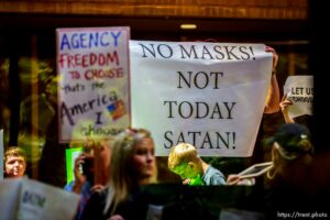 (Trent Nelson  |  The Salt Lake Tribune) People fill the room as the Salt Lake County Council voted down Dr. Angela Dunn's mask ordinance for K-6 students, on Thursday, Aug. 12, 2021.