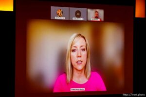 (Trent Nelson  |  The Salt Lake Tribune) Salt Lake County Council voted down Dr. Angela Dunn's mask ordinance for K-6 students, on Thursday, Aug. 12, 2021. aimee winder newton