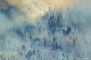 (Trent Nelson  |  The Salt Lake Tribune) Wind blows the smoke away for a moment, revealing the damage from the Parleys Canyon Fire burns on Saturday, Aug. 14, 2021.