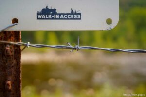 (Trent Nelson  |  The Salt Lake Tribune) A sign along a section of the Provo River near Victory Ranch in Woodland Valley on Tuesday, Aug. 17, 2021. 4th District Judge Derek Pullan reversed course from his prior rulings and concluded the public has no right to walk or touch the bottoms of streams crossing private land.