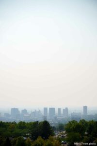 (Trent Nelson  |  The Salt Lake Tribune) Downtown and smoke over Salt Lake City on Friday, Aug. 20, 2021.