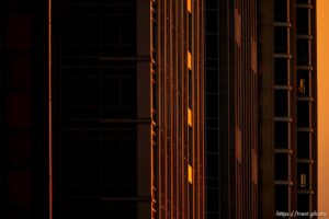 Light on buildings in downtown Salt Lake City on Monday, Aug. 30, 2021.