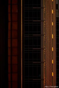 Light on buildings in downtown Salt Lake City on Monday, Aug. 30, 2021.