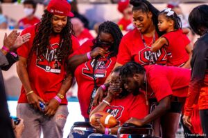 (Trent Nelson  |  The Salt Lake Tribune) Family members of Ty Jordan react at the unveiling of a memorial in Rice-Eccles Stadium as the Utah Utes host the Weber State Wildcats in Salt Lake City on Thursday, Sept. 2, 2021.