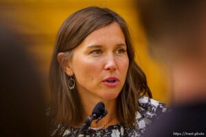 (Trent Nelson  |  The Salt Lake Tribune) Salt Lake City Mayor Erin Mendenhall speaks at a news conference regarding masks in schools in Salt Lake City on Monday, Sept. 13, 2021.