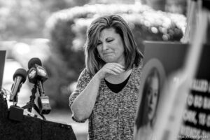 (Trent Nelson  |  The Salt Lake Tribune) Shelly Wenzbauer is overcome with emotion while speaking at a news conference encouraging mask use in Salt Lake City on Tuesday, Sept. 14, 2021.