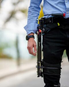 (Trent Nelson  |  The Salt Lake Tribune) Tommaso Lenzi wearing an exoskeleton that provides assistance for leg amuptees while walking, at the University of Utah on Wednesday, Oct. 13, 2021.