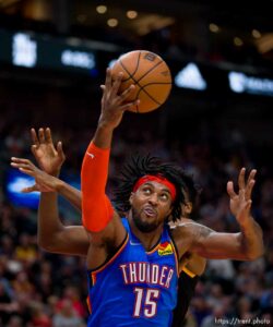 (Trent Nelson  |  The Salt Lake Tribune) Oklahoma City Thunder center Derrick Favors (15) rebounds as the Utah Jazz host the Oklahoma City Thunder, NBA basketball in Salt Lake City on Wednesday, Oct. 20, 2021.