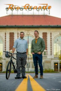 (Trent Nelson  |  The Salt Lake Tribune) Christian Lenhart and Cameron Blakely in front of the Rio Grande Depot in Salt Lake City on Thursday, Oct. 28, 2021. The two have developed what they call the Rio Grande Plan which would bury train tracks under 500 west and revitalize the Rio Grande Depot. This would free up numerous blocks for residential and commercial development.