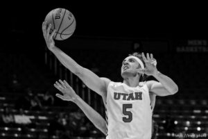 (Trent Nelson  |  The Salt Lake Tribune) Utah Utes guard Jaxon Brenchley (5) scores as the Utah Utes host the Westminster Griffins, NCAA basketball in Salt Lake City on Thursday, Nov. 4, 2021.