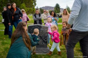 (Trent Nelson  |  The Salt Lake Tribune) Family and friends of Mark Smith, former sexton of Salt Lake City Cemetery, gather at his grave as Salt Lake City announces the newly accredited Mark Smith Memorial Arboretum at Salt Lake City Cemetery on Saturday, Nov. 6, 2021.