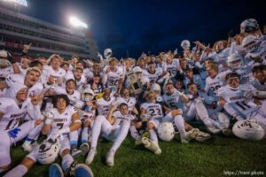 (Trent Nelson  |  The Salt Lake Tribune) Lone Peak celebrates their win over Corner Canyon in the 6A high school football championship game in Salt Lake City on Friday, Nov. 19, 2021.