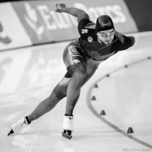 (Trent Nelson  |  The Salt Lake Tribune) Men 1000m, International Skating Union World Cup long-track speedskating races at the Utah Olympic Oval in Kearns on Sunday, Dec. 5, 2021. Laurent Dubreuil (CAN)