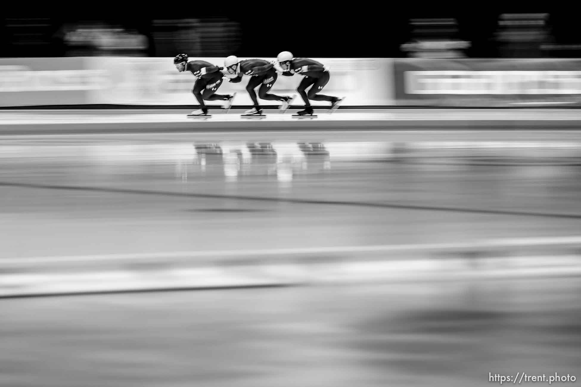 (Trent Nelson  |  The Salt Lake Tribune) Joey Mantia, Emery Lehman and Casey Dawson (USA) set a world record in Men's Team Pursuit at the International Skating Union World Cup long-track speedskating races at the Utah Olympic Oval in Kearns on Sunday, Dec. 5, 2021.