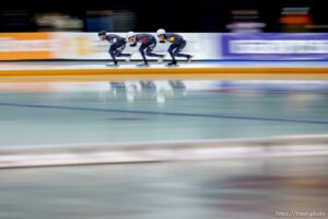 (Trent Nelson  |  The Salt Lake Tribune) Joey Mantia, Emery Lehman and Casey Dawson (USA) set a world record in Men's Team Pursuit at the International Skating Union World Cup long-track speedskating races at the Utah Olympic Oval in Kearns on Sunday, Dec. 5, 2021.
