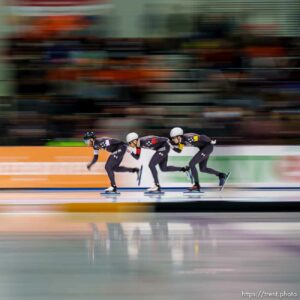(Trent Nelson  |  The Salt Lake Tribune) Joey Mantia, Emery Lehman and Casey Dawson (USA) set a world record in Men's Team Pursuit at the International Skating Union World Cup long-track speedskating races at the Utah Olympic Oval in Kearns on Sunday, Dec. 5, 2021.