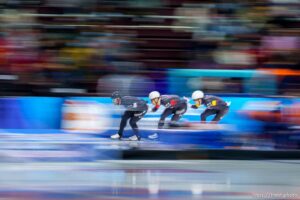 (Trent Nelson  |  The Salt Lake Tribune) Joey Mantia, Emery Lehman and Casey Dawson (USA) set a world record in Men's Team Pursuit at the International Skating Union World Cup long-track speedskating races at the Utah Olympic Oval in Kearns on Sunday, Dec. 5, 2021.