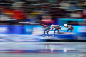 (Trent Nelson  |  The Salt Lake Tribune) Joey Mantia, Emery Lehman and Casey Dawson (USA) set a world record in Men's Team Pursuit at the International Skating Union World Cup long-track speedskating races at the Utah Olympic Oval in Kearns on Sunday, Dec. 5, 2021.