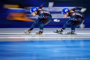 (Trent Nelson  |  The Salt Lake Tribune) Kristen Santos (40) and Corinne Stoddard (48), take first and second in the Women's 1501m final Short Track Speed Skating, US Team Trials, Utah Olympic Oval in Kearns on Friday, Dec. 17, 2021.