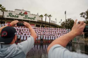 (Trent Nelson  |  The Salt Lake Tribune) The Utah Utes pose for a team photo at the Rose Bowl in Pasadena, Calif., on Thursday, Dec. 30, 2021.