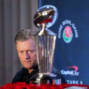 (Trent Nelson  |  The Salt Lake Tribune) Utah football coach Kyle Whittingham answers questions at a Rose Bowl news conference in Los Angeles, Calif., on Friday, Dec. 31, 2021.