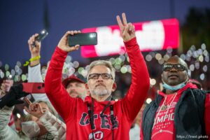 (Trent Nelson  |  The Salt Lake Tribune) Utah fans as the Utah Utes face the Ohio State Buckeyes at the Rose Bowl in Pasadena, Calif., on Saturday, Jan. 1, 2022.