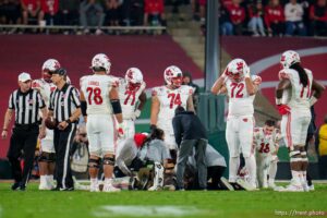 (Trent Nelson  |  The Salt Lake Tribune) Utah Utes quarterback Cameron Rising (7) appears injured on the field as the Utah Utes face the Ohio State Buckeyes at the Rose Bowl in Pasadena, Calif., on Saturday, Jan. 1, 2022.