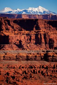snow-covered la sal mountains la sals peaking out over red rock, from chicken corners, on Saturday, Jan. 15, 2022.