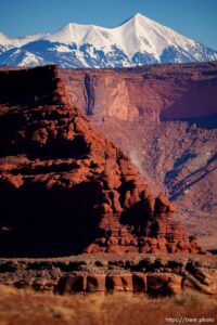 snow-covered la sal mountains la sals peaking out over red rock, from chicken corners, on Saturday, Jan. 15, 2022.