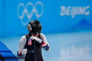 (Trent Nelson  |  The Salt Lake Tribune) Corinne Stoddard (USA) after crashing in a qualifying heat for the 500m, short track speed skating at the 2022 Winter Olympics in Beijing on Saturday, Feb. 5, 2022.