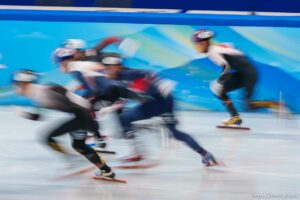 (Trent Nelson  |  The Salt Lake Tribune) 1000m, quarterfinal 2 short track speed skating at the 2022 Winter Olympics in Beijing on Monday, Feb. 7, 2022.