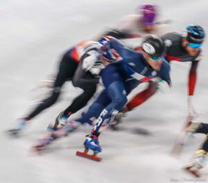 (Trent Nelson  |  The Salt Lake Tribune) 1000m, quarterfinal 2 short track speed skating at the 2022 Winter Olympics in Beijing on Monday, Feb. 7, 2022.
