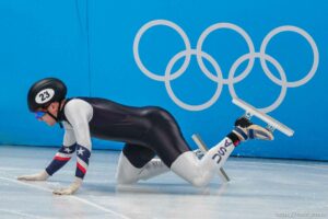 (Trent Nelson  |  The Salt Lake Tribune) Ryan Pivirotto (USA) trips in a 1000m quartfinal, short track speed skating at the 2022 Winter Olympics in Beijing on Monday, Feb. 7, 2022.