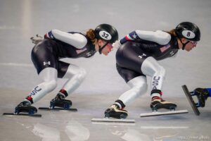 (Trent Nelson  |  The Salt Lake Tribune) Corinne Stoddard (USA) and Kristen Santos (USA) compete in the 1000m, short track speed skating at the 2022 Winter Olympics in Beijing on Friday, Feb. 11, 2022.