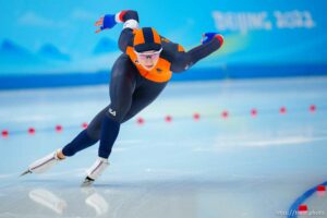 (Trent Nelson  |  The Salt Lake Tribune)  Femke Kok (NED) competes in the women's 500m, speed skating at the 2022 Winter Olympics in Beijing on Sunday, Feb. 13, 2022.