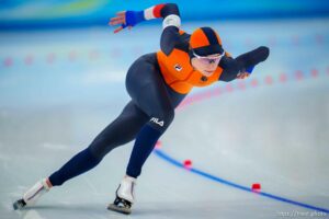 (Trent Nelson  |  The Salt Lake Tribune)  Femke Kok (NED) competes in the women's 500m, speed skating at the 2022 Winter Olympics in Beijing on Sunday, Feb. 13, 2022.