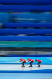 (Trent Nelson  |  The Salt Lake Tribune) Norway, team pursuit, speed skating at the 2022 Winter Olympics in Beijing on Tuesday, Feb. 15, 2022.