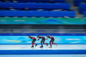 (Trent Nelson  |  The Salt Lake Tribune) Canada in the semifinals for team pursuit, speed skating at the 2022 Winter Olympics in Beijing on Tuesday, Feb. 15, 2022.