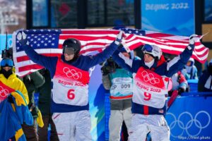 (Trent Nelson  |  The Salt Lake Tribune) Alexander Hall and Nicholas Goepper celebrate their gold and silver medal wins in freeski slopestyle finals at the 2022 Beijing Winter Olympics in Zhangjiakou on Wednesday, Feb. 16, 2022.